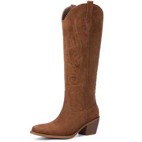 Pasuot Western-Cowboystiefel für Damen, kniehoch, breite Wade, Cowgirl-Stiefel mit klassischer Stickerei, zum Hineinschlüpfen, spitzer Zehenbereich, modischer Retro-Stil, klassischer Schlupfstiefel Pasuot Western-Cowboystiefel für Damen, kniehoch, breite Wade, Cowgirl-Stiefel mit klassischer Stickerei, zum Hineinschlüpfen, spitzer Zehenbereich, modischer Retro-Stil, klassischer Schlupfstiefel von Pasuot