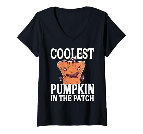 Damen Coolster Kürbis Lustiger Halloween Patch Look T-Shirt mit V-Ausschnitt von Patch Kürbis Humor Herbst Kostüm Idee