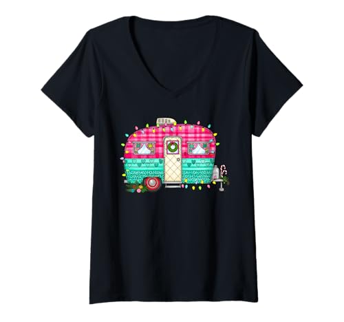 Damen Weihnachten Camping Patchwork Camper RV Männer Frauen Kinder Xmas T-Shirt mit V-Ausschnitt von Patchwork Christmas Men Women Apparel Clothes Idea
