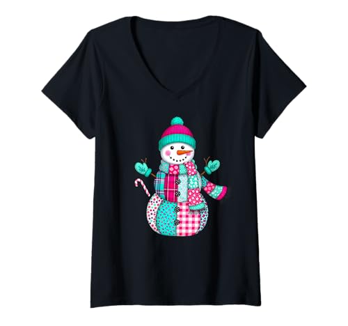 Damen Weihnachten Patchwork Schneemann adrett Retro Männer Frauen Kinder Xmas T-Shirt mit V-Ausschnitt von Patchwork Christmas Men Women Apparel Clothes Idea