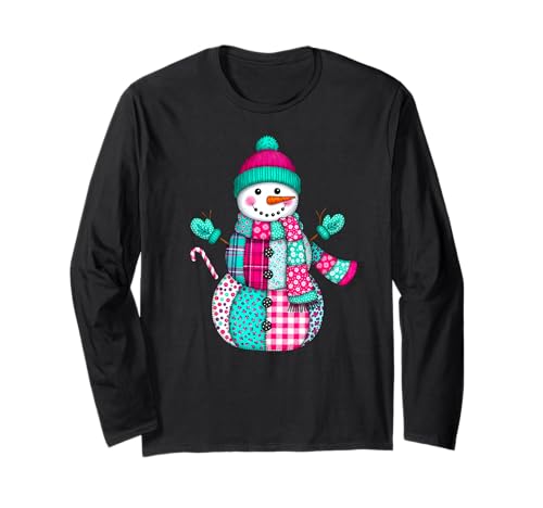 Weihnachten Patchwork Schneemann adrett Retro Männer Frauen Kinder Xmas Langarmshirt von Patchwork Christmas Men Women Apparel Clothes Idea