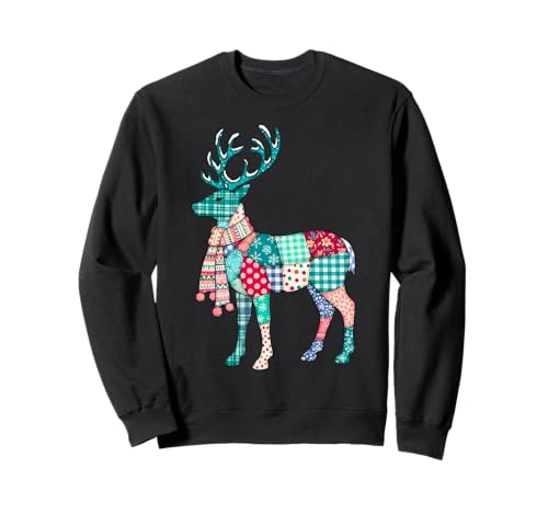 Weihnachten Rentier Patchwork Rentier Männer Frauen Kinder Xmas Sweatshirt von Patchwork Christmas Men Women Apparel Clothes Idea