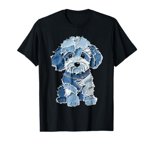 Lustiger Retro-Jeans-Patch mit Tiermotiv T-Shirt von Patchwork Dog Cute Retro Art Tee