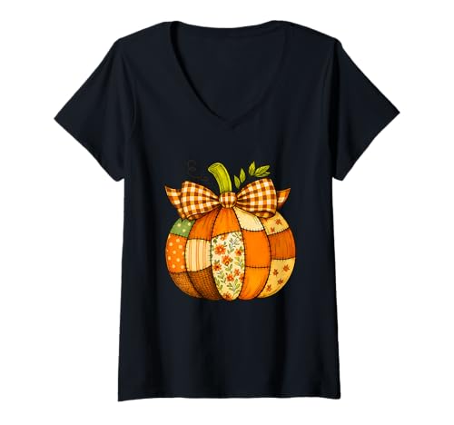Damen Herbst Patchwork Kürbis Herbst Halloween Thanksgiving T-Shirt mit V-Ausschnitt von Patchwork Fall Pumpkin