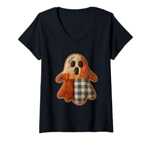 Damen Patchwork-Geist T-Shirt mit V-Ausschnitt Damen Patchwork-Geist T-Shirt mit V-Ausschnitt von Patchwork Ghost Halloween Embroidery Rustic