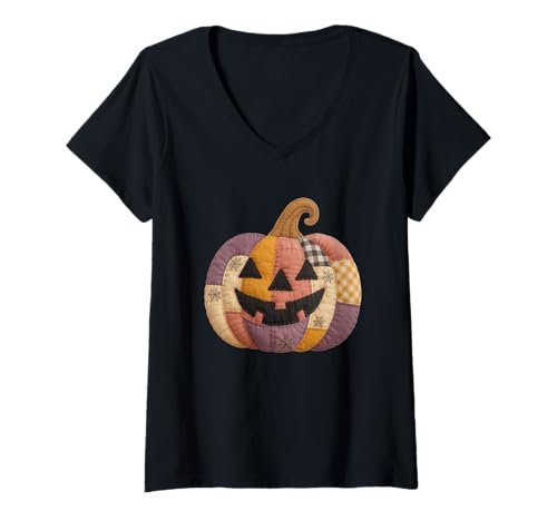 Damen Patchwork Halloween Kürbis lächelndes Gesicht T-Shirt mit V-Ausschnitt Damen Patchwork Halloween Kürbis lächelndes Gesicht T-Shirt mit V-Ausschnitt von Patchwork Halloween Pumpkin Smiling Face Decor