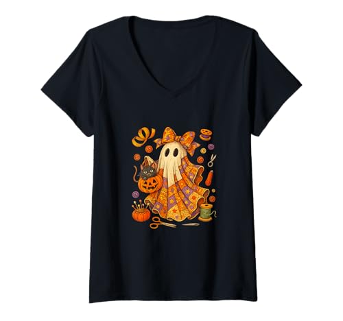 Damen Halloween Boo Ghost Patchwork Quilter Quilting Sewing Womens T-Shirt mit V-Ausschnitt von Patchwork Quilter Abwasserkanäle Herbst Quilting