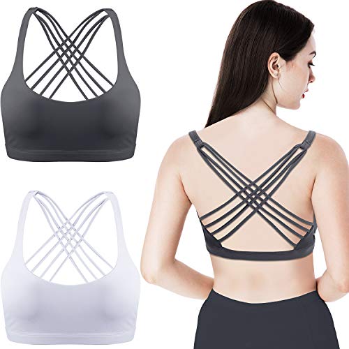 2 Packungen Damen Gepolstert Sport BH Kreuz Rücken BH Workout Riemchen BH Nahtlose Bequeme Yoga BH (M, Weiß und Grau) von Patelai