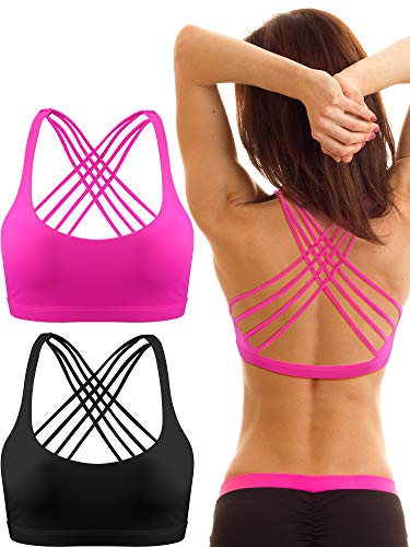 2 Packungen Damen Gepolstert Sport BH Kreuz Rücken BH Workout Riemchen BH Nahtlose Bequeme Yoga BH (S, Schwarz und Rose Rot) von Patelai