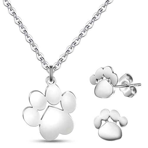 Hunde Pfoten Ohrringe Haustier Hundepfote Ohrstecker Süß Fußabdruck Ohrring und Hunde Fußabdruck Halskette Verstellbar Halskette mit Pfote Anhänger mit Geschenkbox für Frauen Mädchen von Patelai