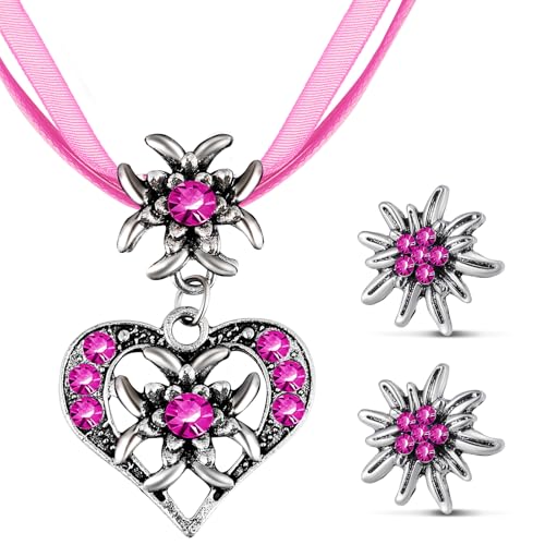 Patelai 3 Stück Trachtenschmuck Set Bayerisch Dirndlschmuck Trachtenkette mit Strass Edelweiß Herz Anhänger und Edelweiß Ohrstecker für Damen Bierfest Trachten Dirndl Outfit Accessoires(Rosenrot) von Patelai