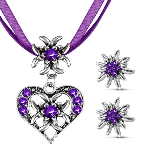 Patelai 3 Stück Trachtenschmuck Set Bayerisch Dirndlschmuck Trachtenkette mit Strass Edelweiß Herz Anhänger und Edelweiß Ohrstecker für Damen Bierfest Trachten Dirndl Outfit Accessoires(Lila) von Patelai