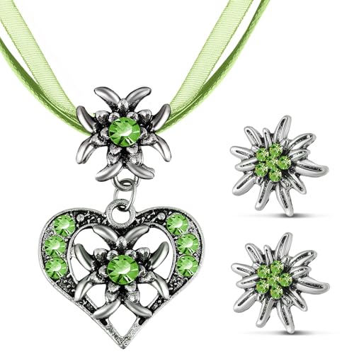 Patelai 3 Stück Trachtenschmuck Set Bayerisch Dirndlschmuck Trachtenkette mit Strass Edelweiß Herz Anhänger und Edelweiß Ohrstecker für Damen Bierfest Trachten Dirndl Outfit Accessoires (Grün) von Patelai