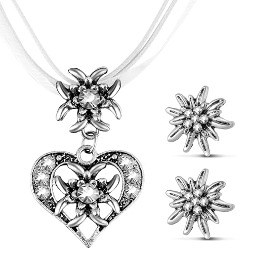 Patelai 3 Stück Trachtenschmuck Set Bayerisch Dirndlschmuck Trachtenkette mit Strass Edelweiß Herz Anhänger und Edelweiß Ohrstecker für Damen Bierfest Trachten Dirndl Outfit Accessoires (Weiß) von Patelai