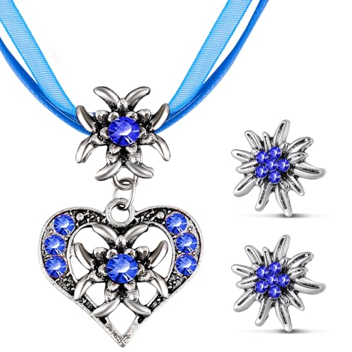 Patelai 3 Stück Trachtenschmuck Set Bayerisch Dirndlschmuck Trachtenkette mit Strass Edelweiß Herz Anhänger und Edelweiß Ohrstecker für Damen Bierfest Trachten Dirndl Outfit Accessoires (Dunkelblau) von Patelai