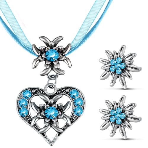 Patelai 3 Stück Trachtenschmuck Set Bayerisch Dirndlschmuck Trachtenkette mit Strass Edelweiß Herz Anhänger und Edelweiß Ohrstecker für Damen Bierfest Trachten Dirndl Outfit Accessoires (Hellblau) von Patelai