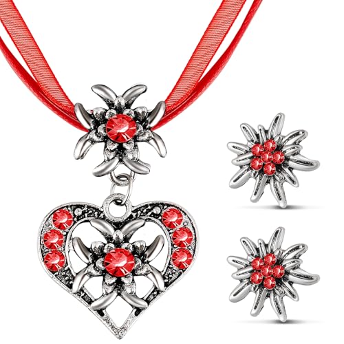 Patelai 3 Stück Trachtenschmuck Set Bayerisch Dirndlschmuck Trachtenkette mit Strass Edelweiß Herz Anhänger und Edelweiß Ohrstecker für Damen Bierfest Trachten Dirndl Outfit Accessoires (Rot) von Patelai