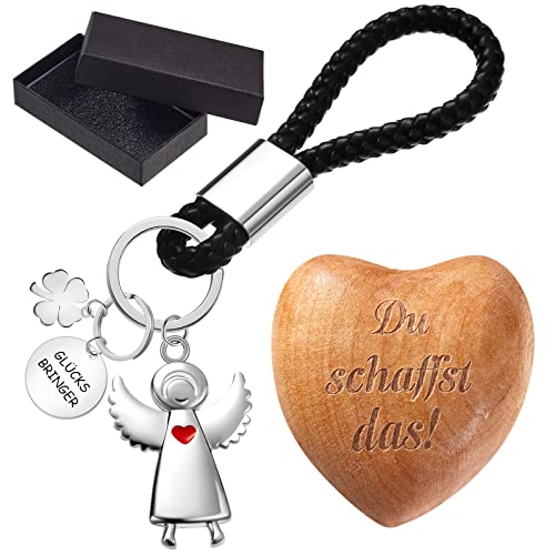 Patelai Glücksbringer Geschenk Set Holz Herz Handschmeichler Vierblättrig Kleeblatt Schutzengel Schlüsselanhänger Glück Anhänger Kleeblatt Grußkarte Handy Handschlaufe mit Geschenk Box für Prüfung von Patelai