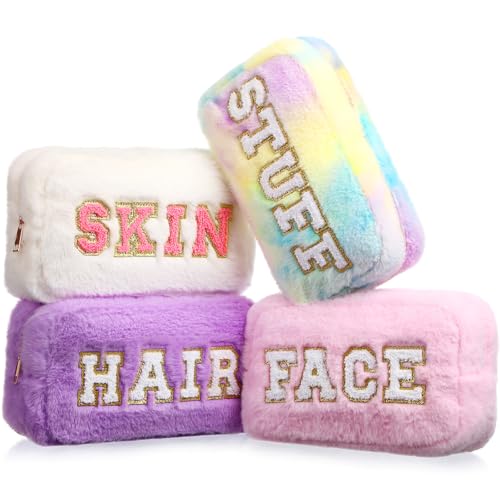 Paterr 4 Stück Chenille-Buchstaben adrette Patches Make-up-Tasche Plüsch Fuzzy Kosmetik Haar Gesicht Haut Kulturbeutel Reisetasche Beutel mit Reißverschluss adrette Sachen für Mädchen Frauen von Paterr