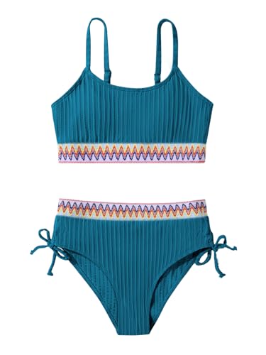 Patgoal Mädchen-Badeanzüge, Bikini-Set, Farbblock, zweiteiliger Badeanzug, Teenager, Mädchen, Strand-Bademode, Dunkelblau, 13-14 Jahre von Patgoal