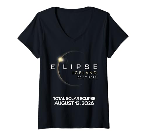 Damen Island Eclipse 2026 August 12 Total Solar 08.12.26 Grafik T-Shirt mit V-Ausschnitt Damen Island Eclipse 2026 August 12 Total Solar 08.12.26 Grafik T-Shirt mit V-Ausschnitt von Path of Totality Icelandic Vacation Reykjavík