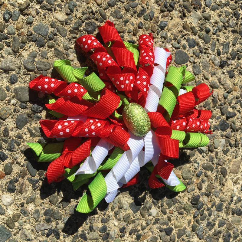 Haarspange Schleife - Rot Grün Und Weiß Gepunkteten Band Korker/Corker Mit Großen Grünen Perle von PathfinderGifts