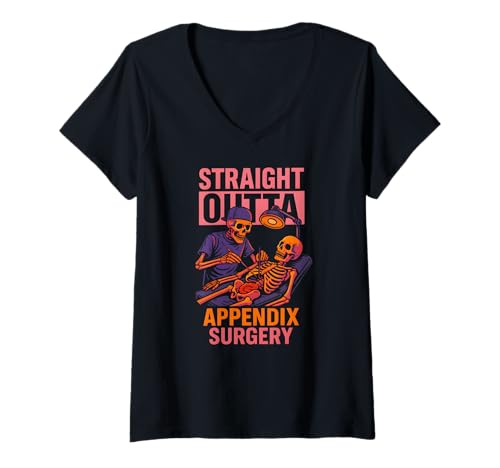 Damen Straight Outta Blinddarm-Chirurgie Lustiger Männerpatient T-Shirt mit V-Ausschnitt von Patient Apendix Surgery Recovery Get Well Nurse
