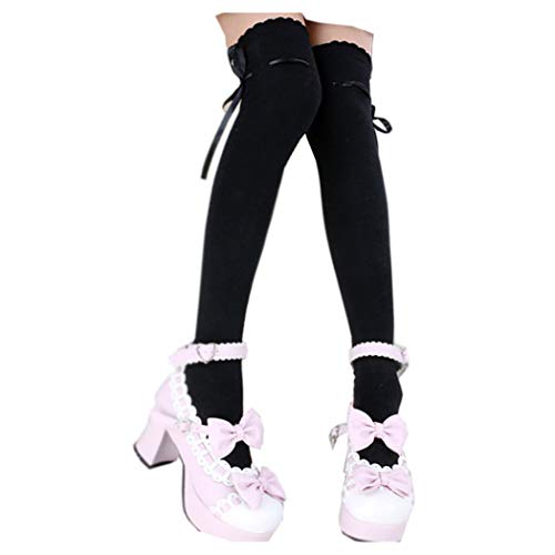 Damen Oberschenkelhohe Socken Lolita Gothic Overknee High Strumpf Lace Up Oberschenkel Strümpfe Mädchen Uniform Kleid Lange Socken PTK02, Schwarz, Einheitsgröße von Patiky
