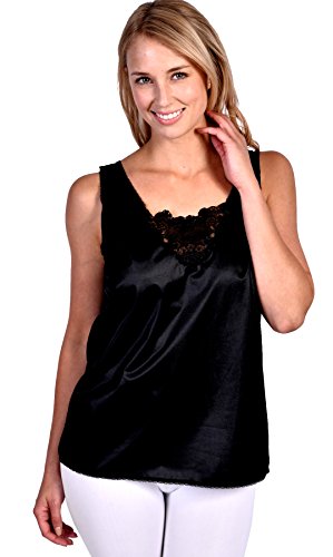 Patricia Lingerie Damen Unterbluse aus weichem seidigem Satin, ärmellos, mit V-Ausschnitt, floraler Spitzenbesatz und breiten Trägern, Schwarz, X-Groß Patricia Lingerie Damen Unterbluse aus weichem seidigem Satin, ärmellos, mit V-Ausschnitt, floraler Spitzenbesatz und breiten Trägern, Schwarz, X-Groß von Patricia Lingerie