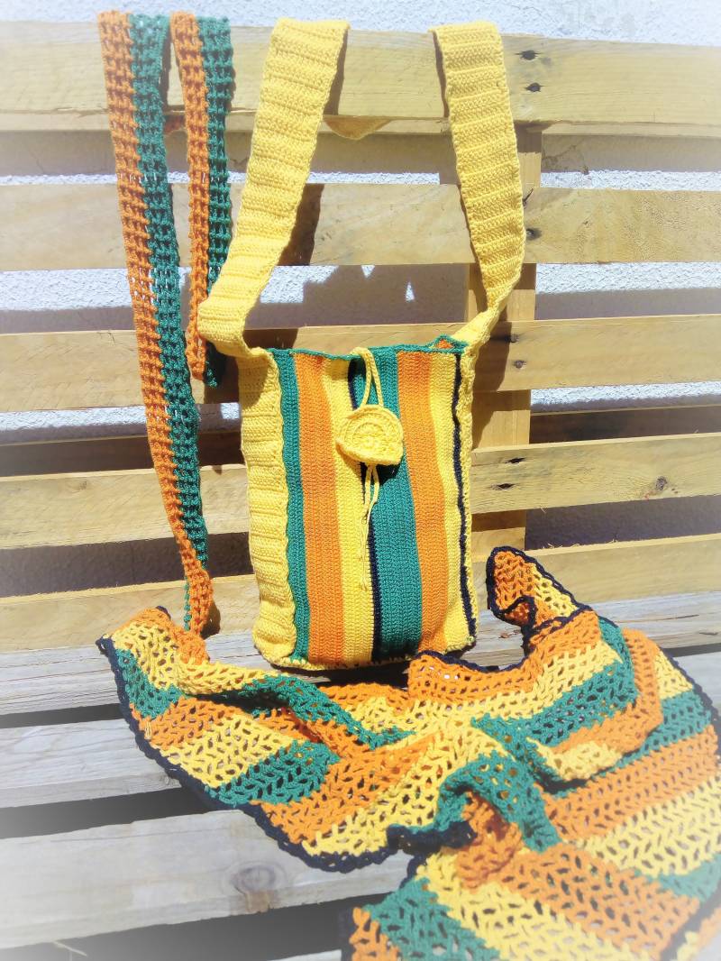 Gehäkelte Umhängetasche, Gehäkelte Crossbody Tasche, Boho Style Grün Gelb Orange Tote Bag, Handgemachte Messenger Frauen Sommer Tasche von PatriciaMatiasShop
