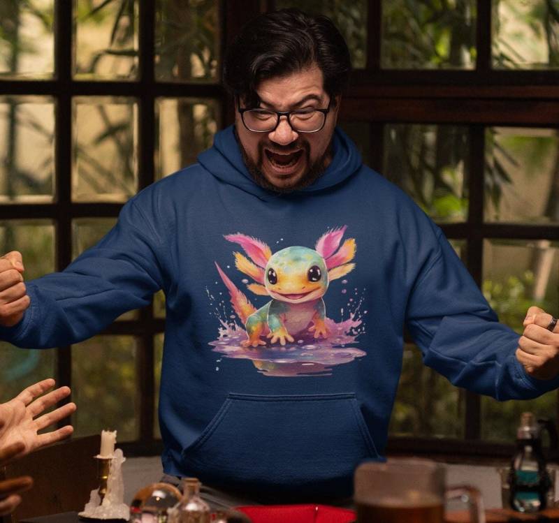 Axolotl Hoodie „Axolotl Mit Farbspritzern " - Unisex Pullover Süßes Geschenk Für Kalte Tage Männer Und Frauen Buntes Design von PatrickSchroederArt