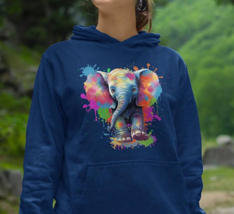 Elefant Hoodie „Elefant Mit Farbspritzern" Unisex - Pullover Kapuze Animal Print Tolles Geschenk Buntes Tier Design von PatrickSchroederArt