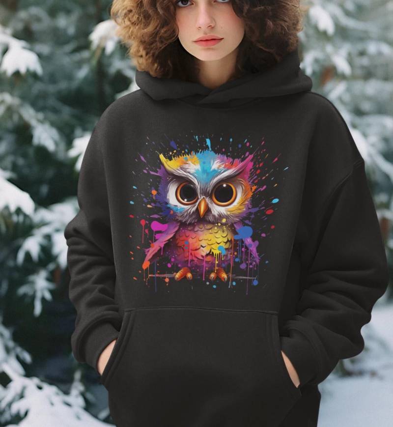 Eule Hoodie „Kleine Mir Bunten Farbklecksen" - Unisex Pullover Kapuzenpullover Buntes Tier Design Schwarz, Navy, Weiß, Oder Rot von PatrickSchroederArt