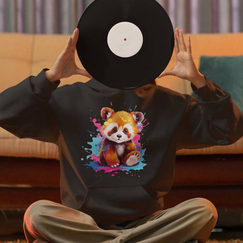 Panda Hoodie „Roter Mit Farbspritzer" - Unisex Pullover Buntes Tier Design Kapuzenpullover, Schwarz, Navy, Weiß, Oder Rot von PatrickSchroederArt