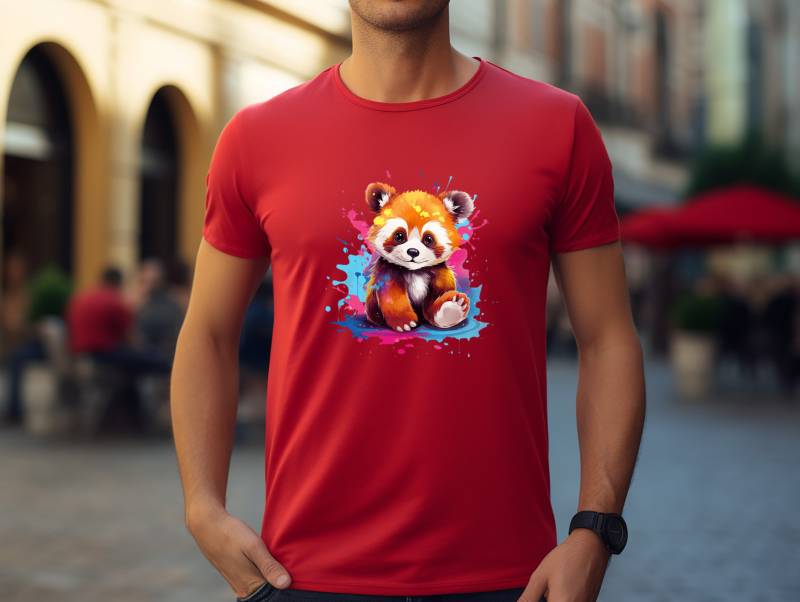Panda T-Shirt "Roter Mit Farbspritzern" - Unisex Shirt Sommer Tier Print Tolles Geschenk Für Mann Und Frau von PatrickSchroederArt