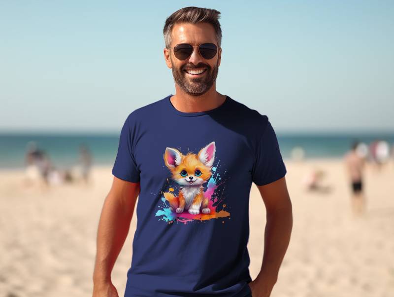 Sommer T-Shirt "Kleiner Fuchs Mit Farbspritzern" - Unisex Shirt Tier Grafik Süßes Geschenk Für Mann, Frau von PatrickSchroederArt