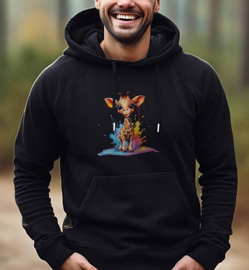 Tier Hoodie „Kleine Giraffe Mit Farbspritzern" - Unisex Pullover Kapuze Für Frau Und Mann Süßes Geschenk Kalte Jahreszeit von PatrickSchroederArt