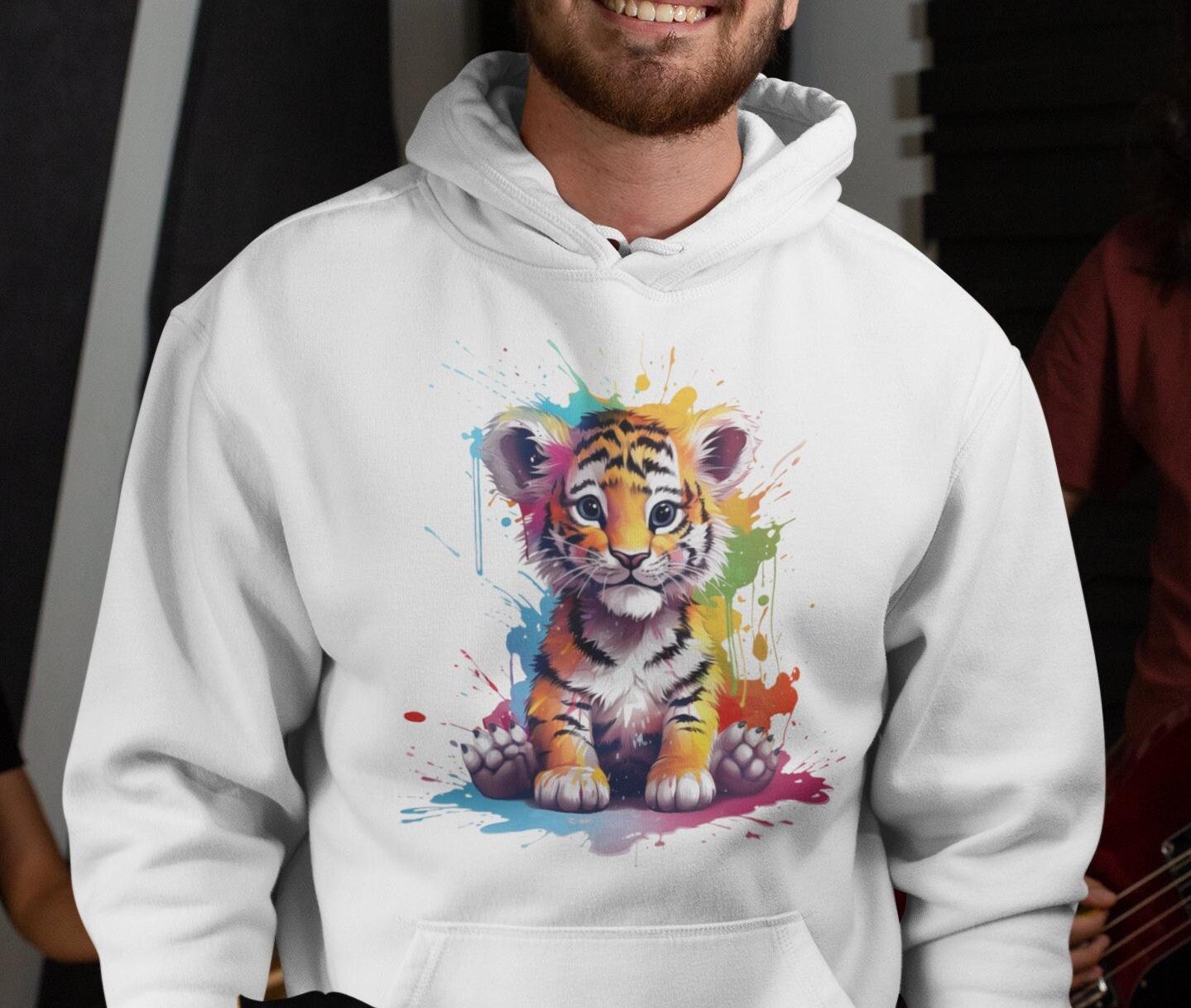 Tiger Hoodie „Baby Mit Farbspritzer" - Unisex Pullover Kapuze Animal Print Herbst Und Winter Tolles Geschenk von PatrickSchroederArt