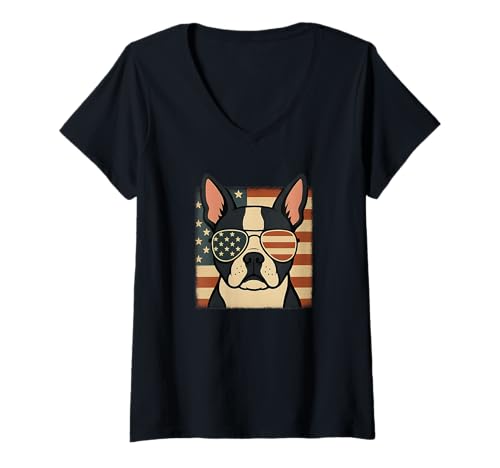 Damen Patriotischer Boston Terrier Hund USA Sonnenbrille Art T-Shirt mit V-Ausschnitt Damen Patriotischer Boston Terrier Hund USA Sonnenbrille Art T-Shirt mit V-Ausschnitt von Patriot Paws Apparel