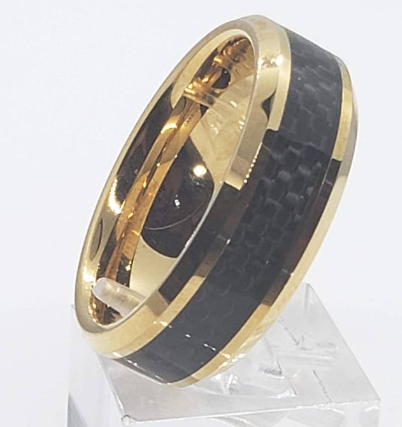 Reg 299.99 - 6 Mm Breiter 18K Gold Wolfram Ring Mit Schwarzer Karbonfaser Inlay Abgeschrägten Kanten | Hochzeit, Verlobung, Jubiläum Us Größe 4-15 von PatriotCoinRing