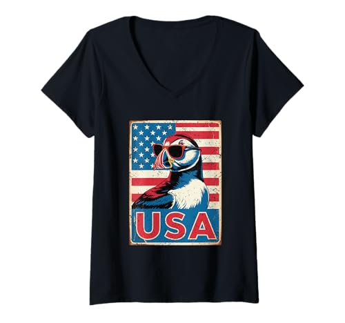 Damen Coole Papageientaucher-Sonnenbrille mit USA-Flagge T-Shirt mit V-Ausschnitt Damen Coole Papageientaucher-Sonnenbrille mit USA-Flagge T-Shirt mit V-Ausschnitt von PatriotPuffin