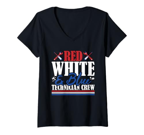 Damen Erfahrene Technikerbesatzung mit US-Flagge in Rot, Weiß und Blau T-Shirt mit V-Ausschnitt Damen Erfahrene Technikerbesatzung mit US-Flagge in Rot, Weiß und Blau T-Shirt mit V-Ausschnitt von Patriotic 4th Of July American Patriot USA Present