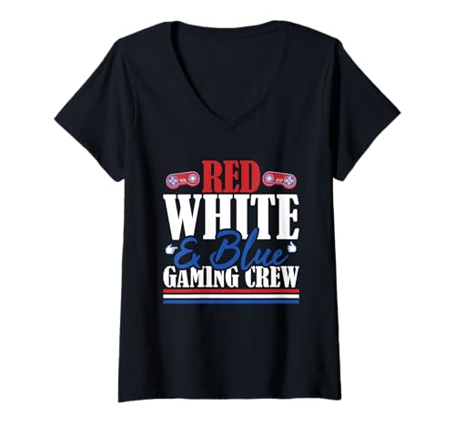 Damen Erfahrenes Gaming-Team mit US-Flagge in Rot, Weiß und Blau T-Shirt mit V-Ausschnitt Damen Erfahrenes Gaming-Team mit US-Flagge in Rot, Weiß und Blau T-Shirt mit V-Ausschnitt von Patriotic 4th Of July American Patriot USA Present