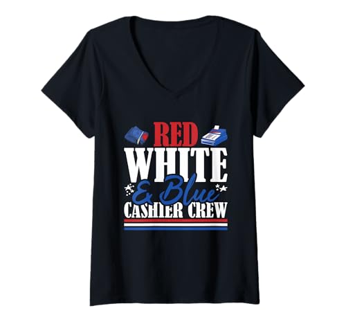 Damen Erfahrenes Kassierpersonal mit US-Flagge in Rot, Weiß und Blau T-Shirt mit V-Ausschnitt Damen Erfahrenes Kassierpersonal mit US-Flagge in Rot, Weiß und Blau T-Shirt mit V-Ausschnitt von Patriotic 4th Of July American Patriot USA Present