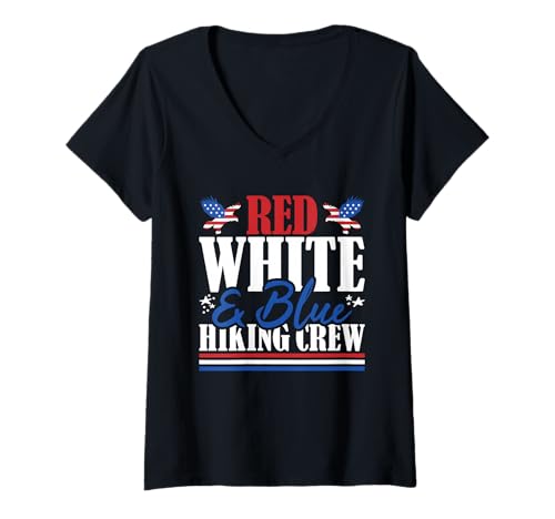 Damen Erfahrenes Wanderteam mit US-Flagge in Rot, Weiß und Blau T-Shirt mit V-Ausschnitt Damen Erfahrenes Wanderteam mit US-Flagge in Rot, Weiß und Blau T-Shirt mit V-Ausschnitt von Patriotic 4th Of July American Patriot USA Present