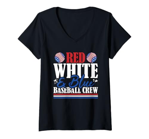 Damen Veteranen-Baseball-Crew mit US-Flagge in Rot, Weiß und Blau T-Shirt mit V-Ausschnitt von Patriotic 4th Of July American Patriot USA Present