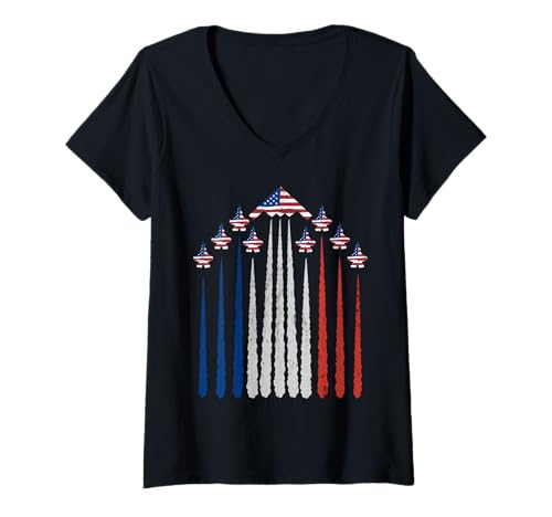 Damen Patriotische Fighter Jets USA-Flagge Rot Weiß & Blau 4. Juli T-Shirt mit V-Ausschnitt Damen Patriotische Fighter Jets USA-Flagge Rot Weiß & Blau 4. Juli T-Shirt mit V-Ausschnitt von Patriotic 4th of July USA Flag Fighter Jets