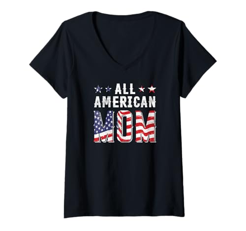 Damen All American Mom Patriotische USA Flagge Grunge Style T-Shirt mit V-Ausschnitt von Patriotic All-American Family by NLTS