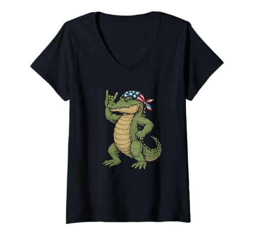 Damen Patriotic Alligator Lover Rock Sign Cool Retro USA Krokodil T-Shirt mit V-Ausschnitt Damen Patriotic Alligator Lover Rock Sign Cool Retro USA Krokodil T-Shirt mit V-Ausschnitt von Patriotic Alligator US American Rocking Crocodile
