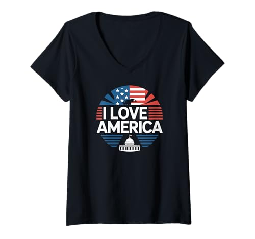 Damen I Love America Adler Capitol Flagge T-Shirt mit V-Ausschnitt Damen I Love America Adler Capitol Flagge T-Shirt mit V-Ausschnitt von Patriotic American Pride Freedom